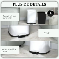 HOMCOM Poubelle de cuisine 12L avec couvercle, poubelle anti-traces de doigts avec pédale et seau intérieur amovible, blanc(m-7)