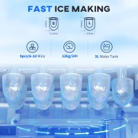 HOMCOM 3L Ice Maker Machine and Water Dispenser, 12kg in 24H, 2 Sizes 9 Ice Cubes Ready in 6-10 Mins Ice Machine, Silver(m-4)