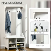 HOMCOM Porte-Manteau vestiaire d'entrée avec Banc à Chaussures et Miroir dim. 80L x 40l x 170H cm 4 étagères 4 patères Double Crochet bois Blanc(m-6)