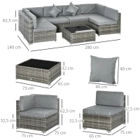 Outsunny Ensemble salon de jardin 7 pièces modulables table basse plateau verre trempé coussins déhoussables inclus gris(m-3)