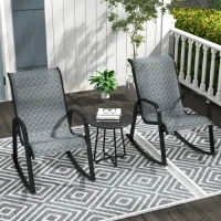 Outsunny 3 Piece Outdoor Rocking Set with 2 Armchairs and Metal Top Coffee Table, Patio Bistro Set with Curved Armrests, Breathable Mesh Fabric Seat for Garden, Deck, Mixed Grey(m-2)