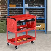 DURHAND 3-Tier Tool Trolley Cart Storage Shelf Roller Cabinet DIY Box Garage Workshop with Drawer Red(m-10)