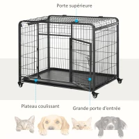 PawHut Cage pour chien pliable cage de transport sur roulettes 2 portes verrouillables plateau amovible dim. 109,5L x 71l x 78H cm métal gris foncé(m-6)