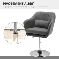 HOMCOM Fauteuil de salon Grand Confort Coussins lombaires Hauteur réglable pivotant 360° piètement métal chromé Lin Gris(m-5)