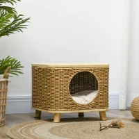 PawHut Elevated Design Wicker Cat House with Washable Cushion, Light Brown(m-7)