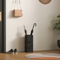HOMCOM Metal Umbrella Stand, Square Umbrella Holder with Removable Drip Tray and 4 Hooks, Decorative Umbrella Storage Rack for Hallway, Entryway, 15.5 x 15.5 x 41 cm, Black(m-8)