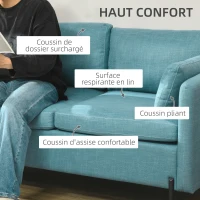 HOMCOM Canapé 2 places style contemporain 2 pochettes sur les accoudoirs pieds en acier revêtement tissu aspect lin bleu(m-5)