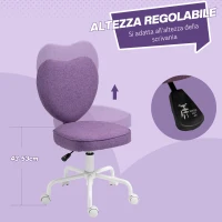 HOMCOM Sedia per Scrivania a Cuore con 5 Rotelle e Altezza Regolabile in Tessuto, 40x50x79-89cm, Viola(m-4)