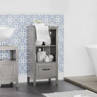 kleankin Mobiletto Bagno Salvaspazio con Ripiani e Cassetto in Legno, 40x30x89cm, Grigio(m-6)