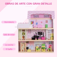 HOMCOM Casa de Muñecas con 13pcs 60x30x71,5 cm Muebles Mobiliario Casita Muñeca Juguete Madera 3 Pisos Casa de Juguete Bella de Madera Rosa(m-6)