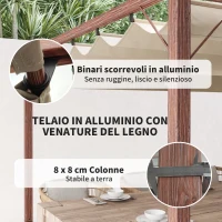 Outsunny Gazebo Pergola con Tetto Retrattile, Picchetti e Viti, in Poliestere e Alluminio, 382x300x232 cm, color Legno(m-5)