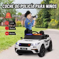 AIYAPLAY Coche Eléctrico Infantil de Policía con Batería 12V Mando a Distancia Faros Bocina Sirena Música Blanco(m-5)
