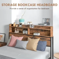 HOMCOM Industrial Double Bed Frame, 4.6FT Steel Bed Base with Storage Headboard, Footboard, Slatted Support and Under Bed Storage, 141 x 207cm, Rustic Brown(m-4)