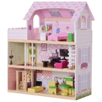 HOMCOM Casa de Muñecas con 13pcs 60x30x71,5 cm Muebles Mobiliario Casita Muñeca Juguete Madera 3 Pisos Casa de Juguete Bella de Madera Rosa(m-10)
