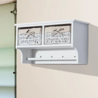 HOMCOM Porte-manteau mural - meuble de rangement mural étagère 4 patères + 2 paniers bois de paulownia osier tissu blanc(m-2)