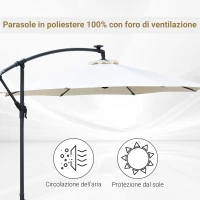 Outsunny Ombrellone da Giardino a Braccio 3x2.5 m con Manovella e 8 Strisce LED a Energia Solare, Crema(m-7)