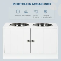 PawHut Ciotole per Cani Rialzate con Armadietto da 44L e 2 Ciotole in Acciaio, 60x30x35.5cm, Bianco(m-4)