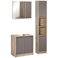 HOMCOM Ensemble de Meuble sous lavabo, armoire avec miroir et meuble colonne pour salle de bain en bois chêne Clair Gris(m-1)