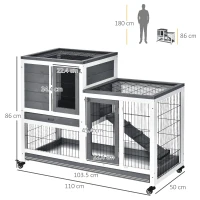 PawHut Wooden Indoor Rabbit Hutch Guinea Pig House Bunny Small Animal Cage W/ Wheels Enclosed Run 110 x 50 x 88 cm, Grey(m-3)
