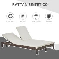 Outsunny Lettino Prendisole a 2 Posti, Sdraio in Acciaio e Rattan, Schienale Regolabile, 196 x 120 x 28cm Marrone e Bianco Crema(m-4)