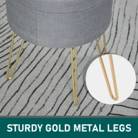 HOMCOM Round Linen-Look Storage Ottoman Footstool Wood Frame w/ Metal Legs Padded Lid Home Seat Beautiful Stylish Home Furnishing Table Grey(m-6)