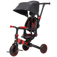 AIYAPLAY 3 en 1 Triciclo Evolutivo para +18 Meses con Capota Plegable y Mango Telescópico Desmontable 96,5x49x101cm Rojo(m-10)