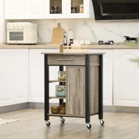 HOMCOM Kitchen Trolley Utility Cart on Wheels with Storage Shelves & Drawer for Dining Room, Oak(m-2)
