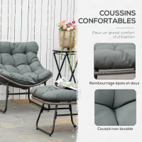 Outsunny Fauteuil chaise de jardin avec repose-pieds en métal époxy et résine tressée aspect rotin avec coussins moelleux - gris(m-5)