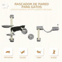 PawHut Juego de Escalada para Gatos de Pared 4 Piezas con Hamaca Bola Plataformas 84,5x19x54 cm Gris y Beige(m-4)