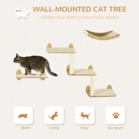 PawHut 3PCs Wall-Mounted Cat Shelves, with Jumping Platforms, Hammock, Scratching Post - Oak Tone(m-4)