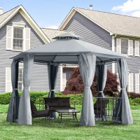 Outsunny 3 x 3(m) Hexagon Gazebo Patio Canopy Party Tent Outdoor Garden Shelter w/ 2 Tier Roof & Side Panel - Grey(m-2)