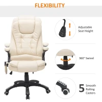 HOMCOM 6-Point Massage Office Chair with Seat Heated for Home Office, PU Leather High Back Executive Desk Chair with Adjustable Height and 360° Swivel for Work Study, Beige(m-5)