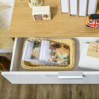 HOMCOM Aparador de Salón Armario Multiusos de Alto Brillo con Cajón 2 Puertas y Estantes Ajustables 70x35x92cm Blanco y Natural(m-9)