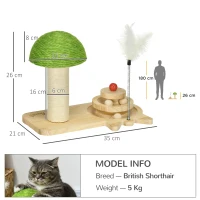 PawHut Mushroom-Shaped Cat Scratching Post, with Toy Balls, Feather for Indoor Cats, 35 x 21 x 26cm - Natural Tone(m-3)