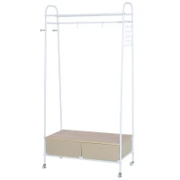 HOMCOM Portant sur roulettes porte-manteaux vestiaire d'entrée multi-rangements penderie, 2 tiroirs, 2 étagères, 2 patères  99L x 47l x 185H cm panneaux particules métal blanc(m-7)