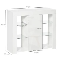 HOMCOM Credenza Moderna a Anta con Luci LED e Mensole in Vetro, Mobile Multiuso in Legno con Finitura Lucida, 97x35x83cm, Bianco(m-3)