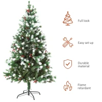 HOMCOM 5ft Snow-Dipped Artificial Christmas Tree w/ Red Berries Metal Base Home Season Decoration Holiday Elegant Traditional(m-6)