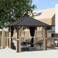 Outsunny 3 x 3(m) Hardtop Gazebo with Galvanised Steel Roof and Water Gutter, Waterproof Permanent Pavilion Garden Gazebo with Netting and Curtains for Patio, Deck, Walnut Wood Finish(m-2)