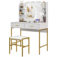 HOMCOM Dressing Table with Lighted Mirror, Cushioned Stool, Drawers, Shelves, LED Makeup Vanity Desk Set, Modern Dresser Vanity Table for Bedroom, White(m-11)