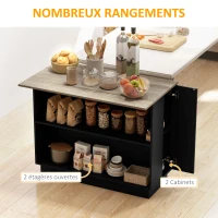 HOMCOM Desserte îlot de cuisine étagère réglable 2 compartiments ouverts 2 placards plan de travail effet bois 105 x 60 cm noir(m-4)