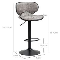HOMCOM Bar Stool Set of 2 Microfiber Cloth Adjustable Height Armless Chairs with Swivel Seat, Grey(m-3)