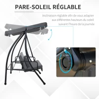 Outsunny Balancelle de Jardin Convertible 3 Places Grand Confort Inclinaison Toit réglable Matelas fourni 2L x 1,25l x 1,7H m métal Polyester Noir Anthracite(m-4)