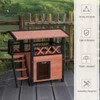 PawHut Cat House Outdoor w/ Balcony Stairs Roof, 77 x 50 x 73 cm, Brown(m-6)