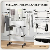 HOMCOM Stendino Verticale con 4 Ripiani Regolabili, in Acciaio e Plastica, 142x55x172 cm, Nero e Argento(m-5)