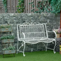 Outsunny Banco de Jardín de 2 Plazas 110x60x97 cm Banco de Exterior de Metal con Respaldo Decorativo y Reposabrazos para Terraza Balcón Patio Carga 200 kg Blanco(m-2)