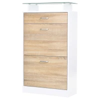 HOMCOM Armoire à Chaussures Meuble rangement Chaussures 2 Portes abattantes 2 Compartiments, tiroir, Plateau en Verre - Bois chêne Blanc(m-11)