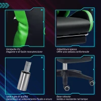 Vinsetto Sedia da Gaming con Altezza Regolabile e Schienale Reclinabile, 65x65x121-129 cm, Nero e Verde(m-7)