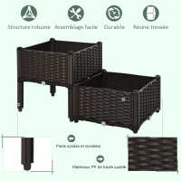 Outsunny Jardinière sur Pieds carré Potager 2 étages dim. 80L x 40l x 44H cm Insert d'irrigation Plastique Chocolat(m-4)