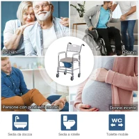 HOMCOM Sedia a Rotelle Impermeabile con WC Seduta in Ecopelle, 4 Ruote, Vaso Rimovibile per Anziani/Disabili, 84x54x96cm(m-4)