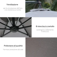 Outsunny Ombrellone da Giardino Ø3x2.5 m a Braccio con Manovella e 8 Strisce LED a Energia Solare, Grigio(m-4)
